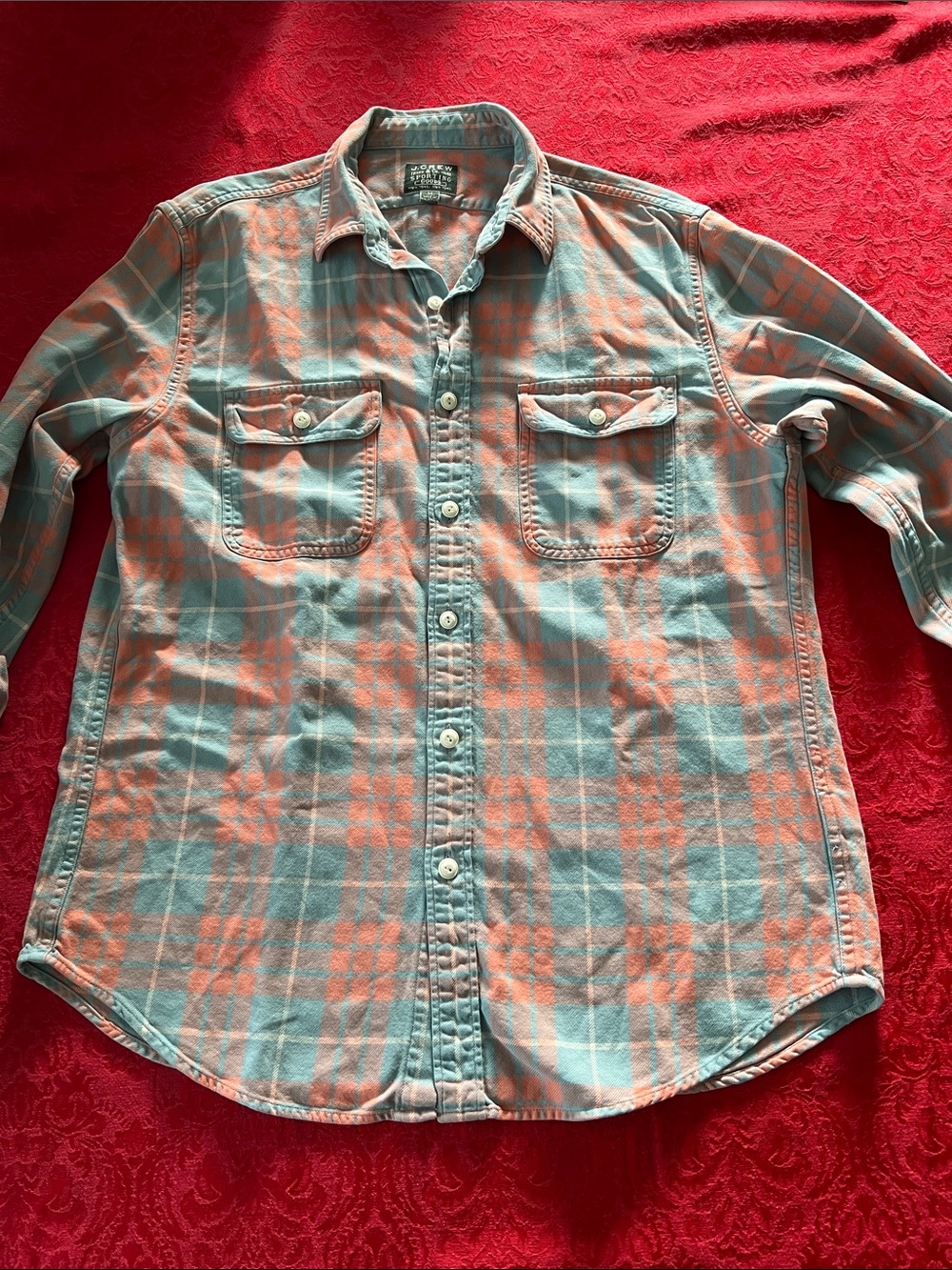 J.Crew Men’s Medium Coral Blue Plaid Cotton Button-Down Shirt Sporting Goods